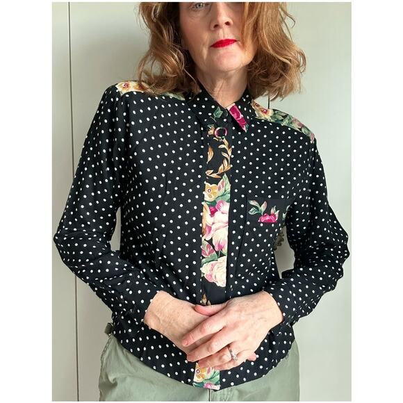 Vintage 90s Polka Dot blouse Size Small Floral mixed Print Cropped Rayon - Picture 1 of 5